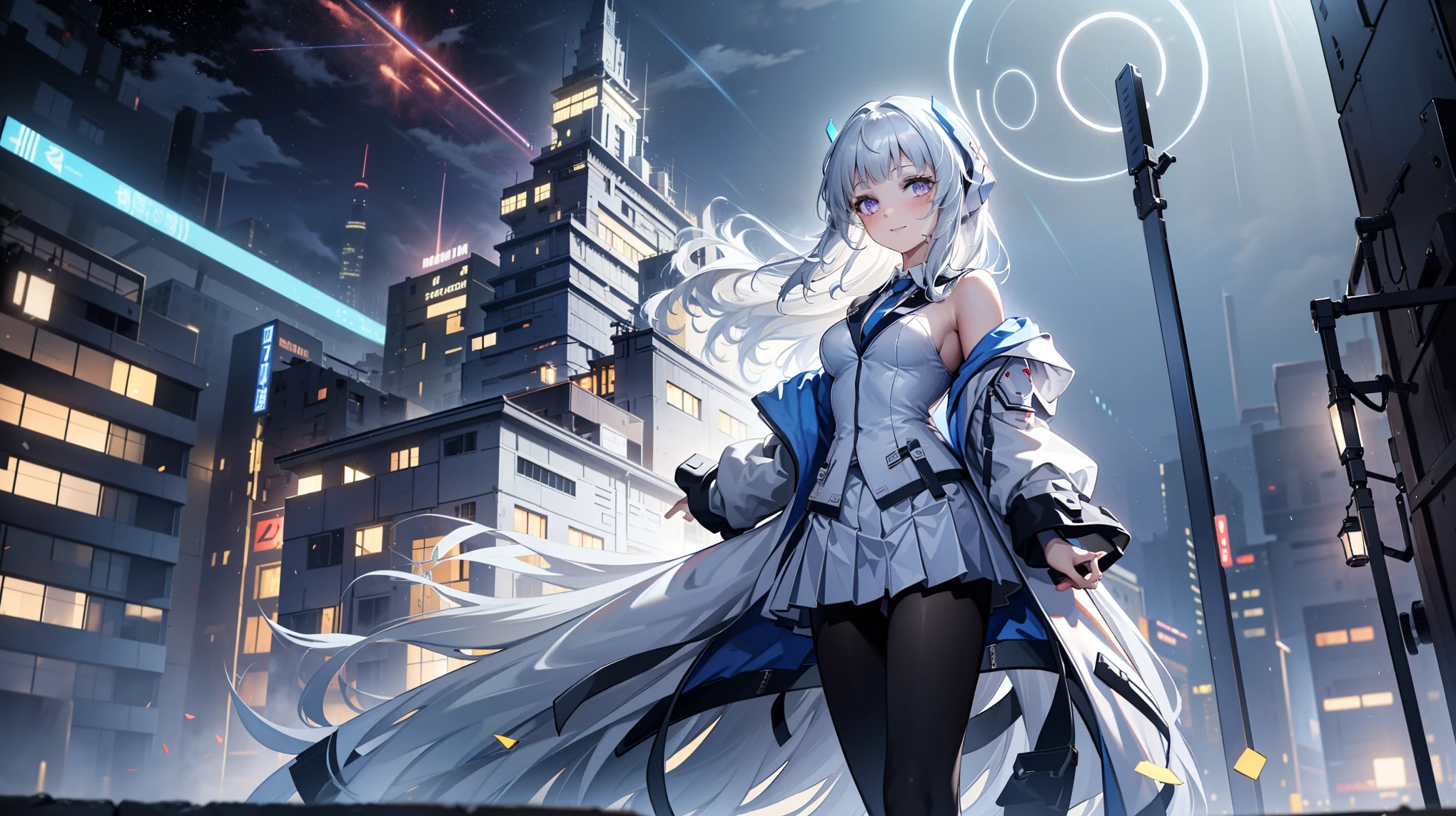 (    are of the best quality ,4K,8K,    high res, masterpiece :1.2),       super detailed     ,  girl ，Holy，(    silver white hair    ) ，obsessed，  Standing elegantly，玩得   happy   ，in love，  Lovely cloth    ，  Exquisite Outfits，pattern，  happy   ， Sci-fi city ，  Unique  ，Small amount of armor  ， confrontation ，rain，   sci-fi combat costume  ， laser auroras ，Falling 