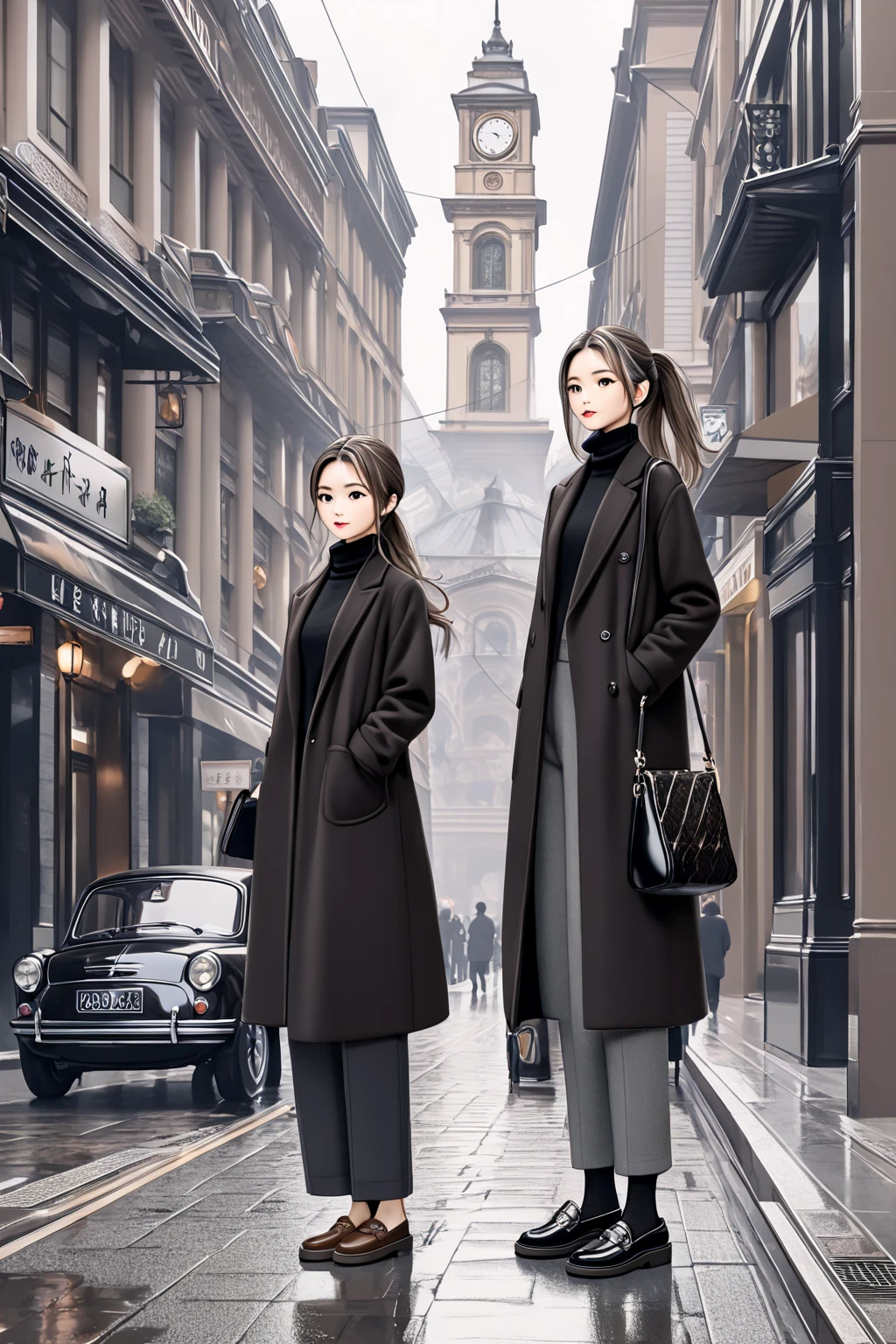 (masterpiece, best quality:1.5), (ultra detailed, high resolution, 8k, beautiful detailed, UHD, best anatomy), Brown Low Ponytail hair, small breasts, 1 girl, Monotone Stylish Look, Black turtleneck sweater, gray wide pants, platform loafers, black long wool coat, mini shoulder bag, front view, standing