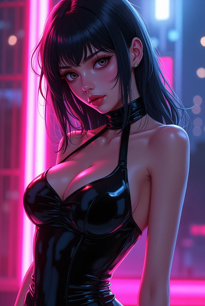 Stripper, girl, (club background), neon lighting, erotic atmosphere, sweat, dynamic pose, pole dancing, full HD, best quality, ultra detailed, jet black hair, thin waist, big ass, big breasts, (complex details), (overdetailed)