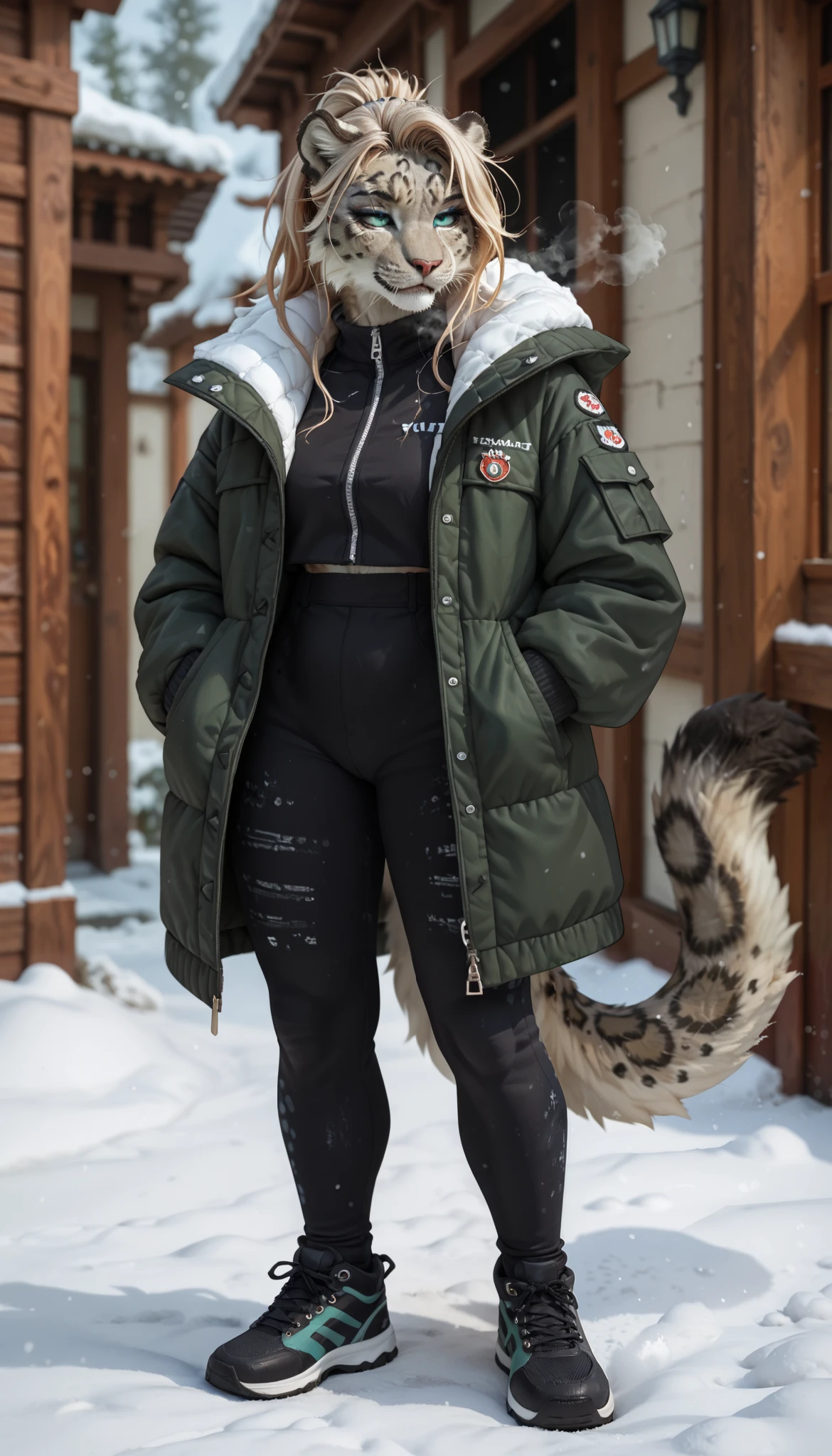 (zPDXL2), (PonyXLV6_Scores), source_anime, Expressiveh, full body shot, BREAK
lhata4564, d3t41l3d, 

Anthro, furry, female, Snow leopard with eyeliner in a green M65 jacket, standing, (spread legs:0.8), from front, pooping, steam, steam, Hot