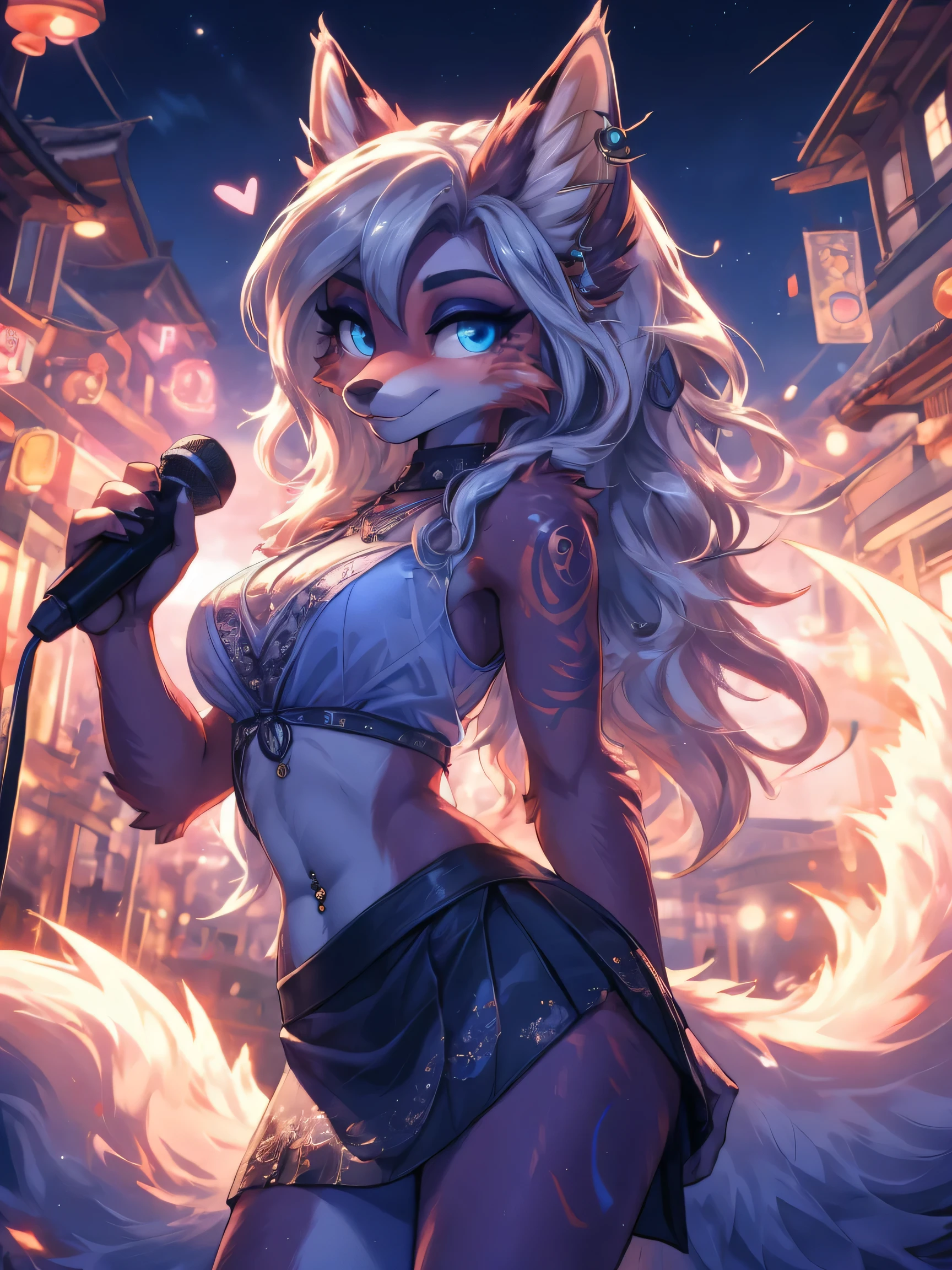 Chica anime,tennage girl 18 years old, anime style, cute kotori date alive, Chica tímida , Orejas de Kitsune, arte de dark natasha, city landscape, arte de vixen aztra, cuerpo completo, patas hermosas, cintura delgada, caderas amplias, navel white blouse, white&pink skirt, navel piercing, ear piercing, navel tattoo, atrevid pose, back pose, fluffly tail, sensual eyes (la mejor definicion) long hair, black flash, city party, city night life, party girl, idol girl, girl with microphone singing, deep blue eyes (HD), white&pink dress, super mega star idol, aura pura, silueta de luz, silueta radiante de luz dorada, su cuerpo brilla, mekor iluminacion en fotografía, mermaid mini skirt, lovely girl, sending kiss, heartlove