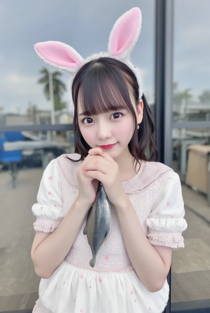 masterpiece, 4K, Bokeh, (Cute:1.5), ( beautiful girl:1.3), ( Japanese idol :1.6), ( rabbit ear :1.3) , ( Cute Dress :1.3),  (I love fish :1.6),  blushed,  cowboy shot , ( hug a cute sleeping fish :1.5), ( closes the eye:1.3), (The background is fishing port  :1.4), 

