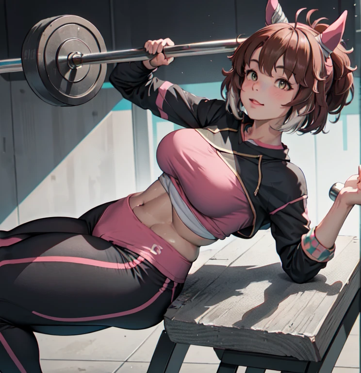 1lady solo, (dantsu flame \(umamusume\)), ((lying on back) on bench press), (holding barbel) (lifting up), (stylish gym outfit), (cropped top) (yoga pants), (mature female:0.8), (light smile:0.8), (masterpiece best quality:1.2) delicate illustration ultra-detailed, large breasts BREAK (fitness gym) indoors, various fitness equipment, energetic, detailed background