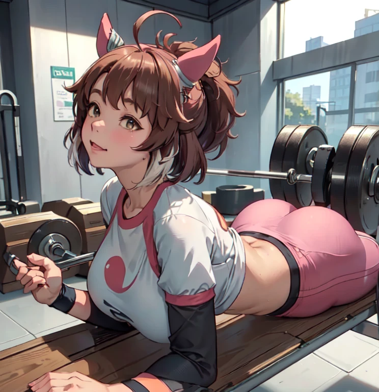 1lady solo, (dantsu flame \(umamusume\)), ((lying on back) on bench press), (holding barbel) (lifting up), (stylish gym outfit), (cropped top) (yoga pants), (mature female:0.8), (light smile:0.8), (masterpiece best quality:1.2) delicate illustration ultra-detailed, large breasts BREAK (fitness gym) indoors, various fitness equipment, energetic, detailed background