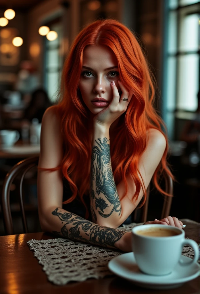 Create an image of a redhead, tattooed woman, sitting in a cafe, and smokes a cigarette. There should be a cup of coffee on the table in front of her. The woman is said to have dark circles under her eyes. 