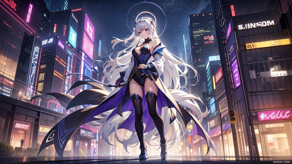 (    are of the best quality ,4K,8K,    high res, masterpiece :1.2),       super detailed     ,  girl ，Holy，(    silver white hair    ) ，obsessed，  Standing elegantly，玩得   happy   ，in love，  Lovely cloth    ，  Exquisite Outfits，pattern，Swimsuit，   happy   ， Sci-fi city ，  Unique  ，Small amount of armor  ， confrontation ，rain，   sci-fi combat costume  ， FIGHT WITH A PURPLE HAIR WOMAN