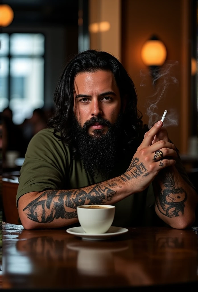 Create an image of a brarded black hair, tattooed man, sitting in a cafe, and smokes a cigarette. There should be a cup of coffee on the table in front of him. The man is said to have dark circles under her eyes. 