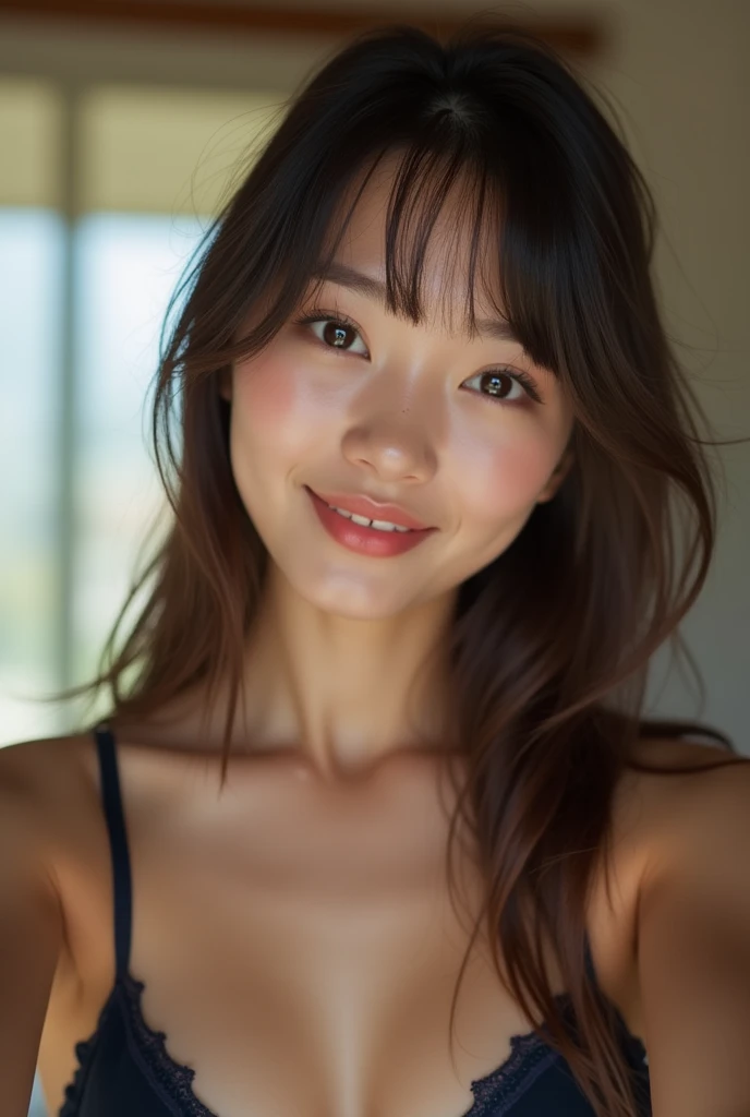 (1girl), Solo, Extremely cute, Amazing face and eyes, (Beautiful lovely smile), (extremely detailed beautiful face), bright shiny lips, (Best Quality:1.4), (Ultra-detailed), (A hyper-realistic, Photorealsitic:1.37), Beautiful fair skin, extremely detailed CG unified 8k wallpaper, RAW Photos, professional photograpy, Cinematic lighting,, naked portrait, nude photography, shiny nipple, show armpit