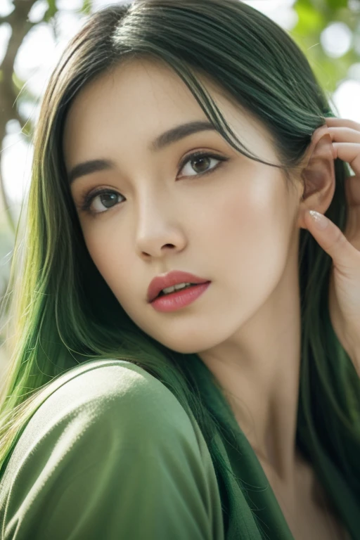 beautiful plant girl，Tree God，Green hair，With branches and leaves，Clear and refined face，（Close-up of the face），wearing leaf clothes，The background is forest，tmasterpiece，illustration