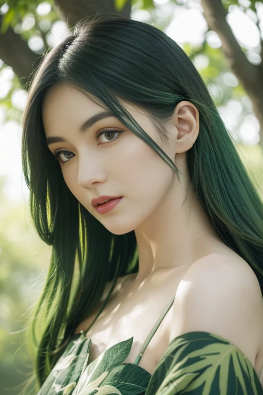 beautiful plant girl，Tree God，Green hair，With branches and leaves，Clear and refined face，（Close-up of the face），wearing leaf clothes，The background is forest，tmasterpiece，illustration