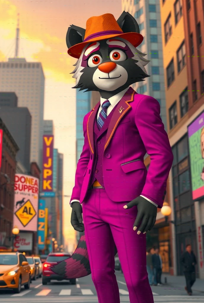 3D artwork of Dulka from The Non Raccoon, furry anthro, adult, a hybrid anthropomorphic character combining raccoon and other animal traits. He wears his signature magenta suit with a matching hat and an orange tie. Dulka stands confidently, showcasing his unique hybrid features, including a striped tail, raccoon-like facial patterns, wolf-like ears, and fox-like elegance. The outfit is tailored perfectly to his muscular frame, with intricate details such as the fabric's texture and subtle creases to emphasize realism. The scene is set in a vibrant American cityscape at golden hour, with iconic skyscrapers, bustling streets, and neon signs creating a cinematic urban atmosphere. Soft, warm lighting highlights both the character and his sophisticated attire, blending him seamlessly into the lively city environment. Ultra cinematic realism, Ultra HD 8K, highly detailed textures, perfectly capturing his hybrid identity and stylish outfit. Looking at the viewer