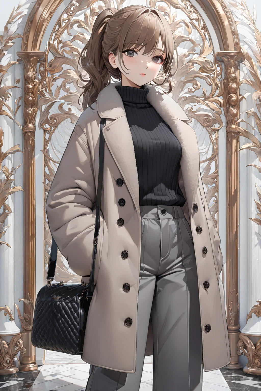 (masterpiece, best quality:1.5), (ultra detailed, high resolution, 8k, beautiful detailed, UHD, best anatomy), Brown Low Ponytail hair, small breasts, 1 girl, Monotone Stylish Look, Black turtleneck sweater, gray wide pants, platform loafers, black long wool coat, mini shoulder bag, front view, standing