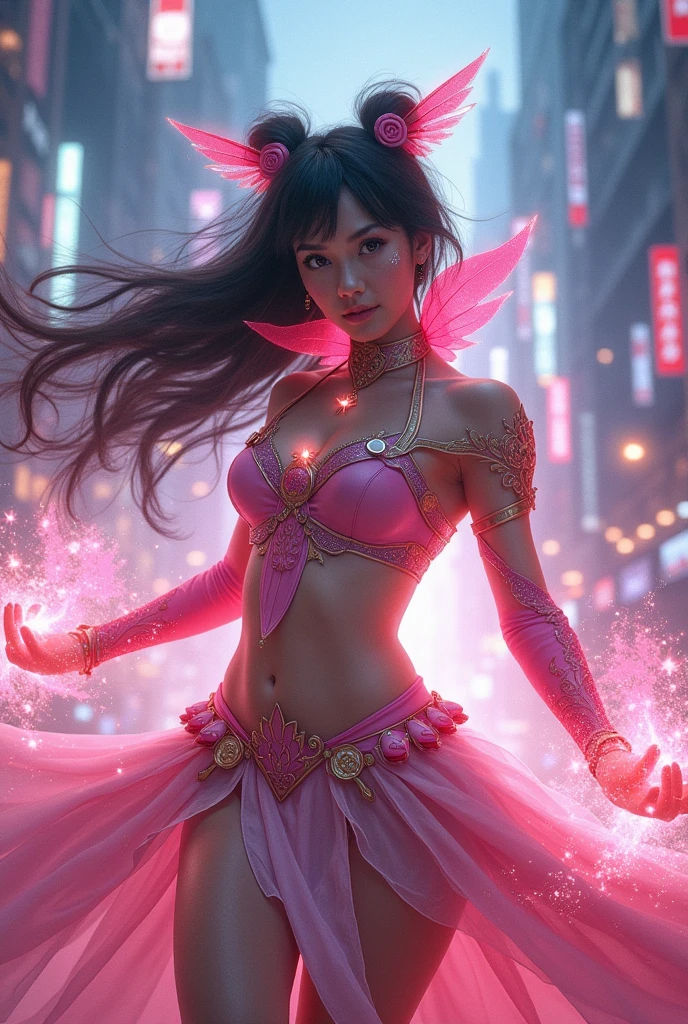 （8k, RAW photos, minino：1.1） ，female，（looki at viewer company），cowboy lens，Japanese，kanao tsuyuri / (demon slayer\），（fullbody saree：1.1），La Brett Piercing，cleavage，(((saree)))，seductive smile，Be red on the face, full body photo, standing, lean, muscular legs, muscular belly, black hair, butterfly, butterfly hair ornament, butterfly print, forehead, gradient hair, hair ornament, side ponytail,seductive pose, Professional lighting、photon mapping、physics-based rendering、dark theme，wearing wifs, jewellery and necklace, alone, extreme high quality