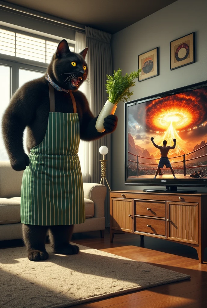 ultra-realistic, photorealistic, dramatic scene, shadow, global-illumination, solo, (1 human-like giant black cat is standing and watching TV), (the human-like giant black cat looks gentleman only wearing a vertical striped green apron), A cat holds a daikon radish in its hand and nibbles on it whole at the stylish Japanese apartment room, the large TV displays\(Muay Thai fighter vs. terrifying man-eating panda, there are the shouting Muay Thai fighter and terrifying panda with fang, volcano, thunder, giant meteorite, Muay Thai fighter shows extremely painful expressions\), peaceful sunny day,