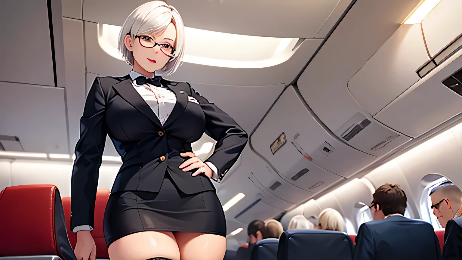 nsfw,((1girl)),masterpiece,best quality,
masterpiece, best quality, ultra quality, high quality, beautiful detailed glow,film Reflection, 
((from front,front face)),
(plump thighs:1.3),((Voluptuous,glamorous,Chubby,thicc,curvy,Leggy,Tall,hanging breasts,1 grandma)),glasses,beauty mark,
perfect nipple, extremely detailed nipple, round areola,(public hair:1.7),(((Pubic hair shows through))),((panties under pantyhose)),
(open legs:1.3),(((squatting,spread legs,m legs,arms behind back))),
Detailed beautiful eyes,looking at viewer,makeup,
moody face,bashful,embarrassed,(full-face blush:1.3),(chignon:1.3),　
Stewardess uniform,wearing flight attendant suit and skirt,high heels,light gray jacket,
airport,