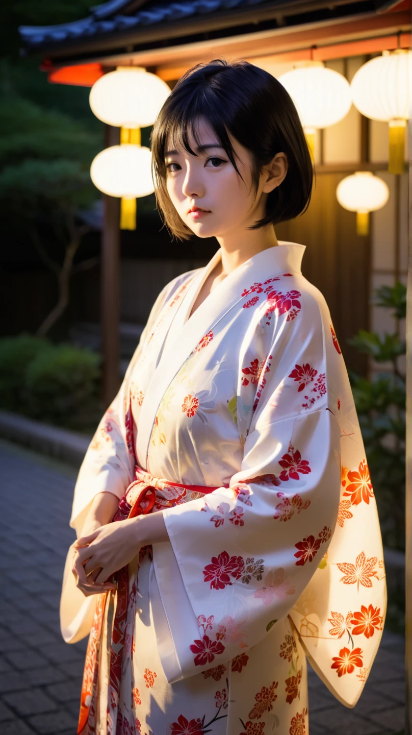  kimono、 grumpy expression、Japan、clear、 real、Japan庭園、 backlit、 small tits、30-year-old female、dusk、Short black hair、Sexy、whitish kimono 、 bright lighting effect