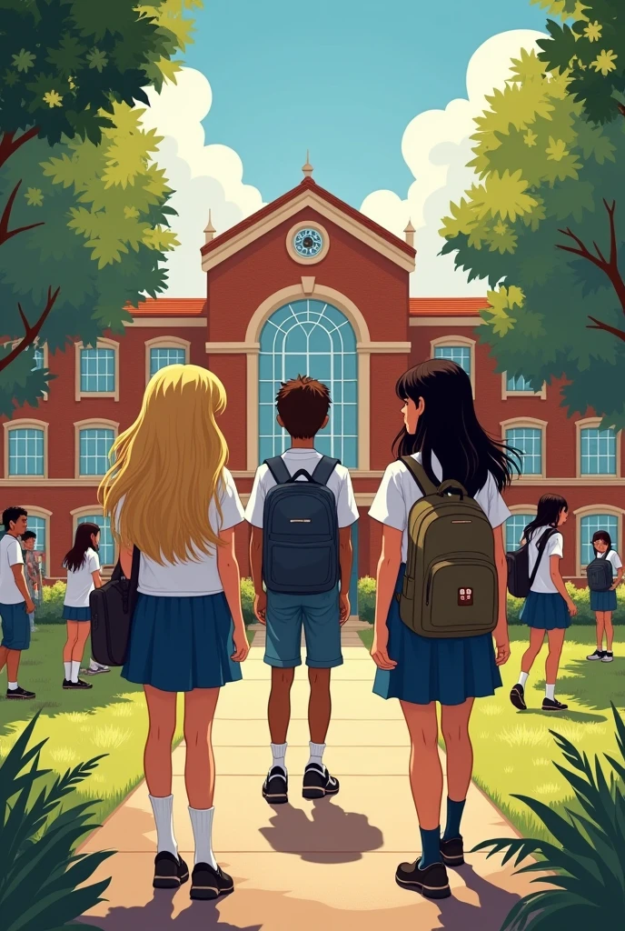 A cover for a book . The audience is people between 14 and 20 years old , middle class Colombians .
Two teenage girls in school uniforms , one blonde with hair down the middle of her back . The other one has dark brown hair , waist-length . in front of her is a young man in the school uniform of the same institution . Giving them their back .
They are standing in the school gardens . It's recess time , so there are more ren playing around , entertained in their own things . In the background you can see the main building of the school , this building is made of red bricks and large windows .
We want a photographic style similar to the style and atmosphere of Disney teen movies