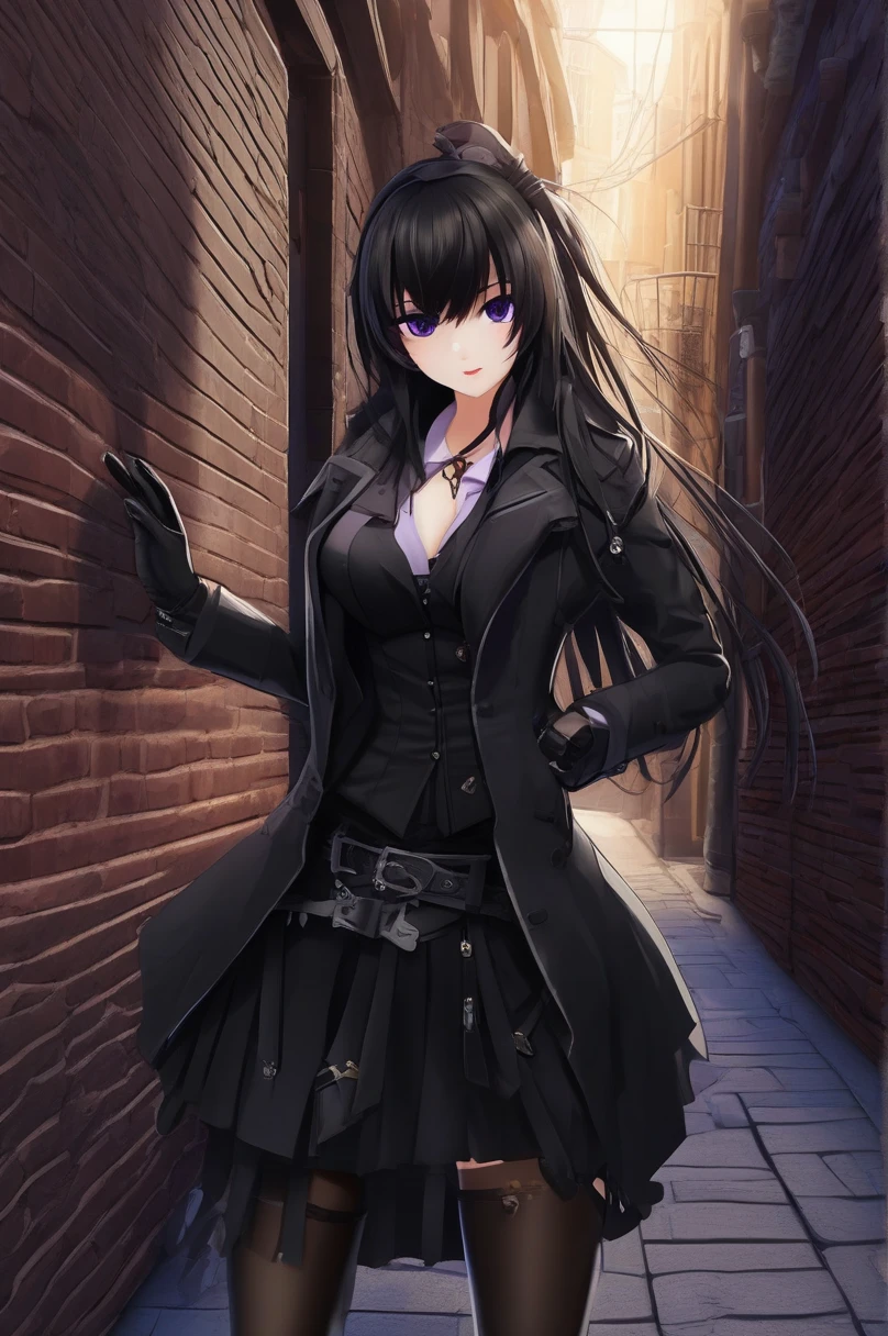 yoo_my,  1 girl, Alone,  long hair, purple eyes,  gloves,  ties, black  gloves,  ponytail,  skirt ,  jacket,  shirt,  cowboy shot , very  long hair, black  jacket, Open the clothes, black  shirt, Black shoes,  lean against the wall , Dark Alley Background, looking at viewer,  Put Your Hand on Your Lower Back , smile, (masterpiece),( top quality),( ultra detailed ),( Best Illustrations),( best shadows),( absurd),( Detailed Background ),( very beautiful ),