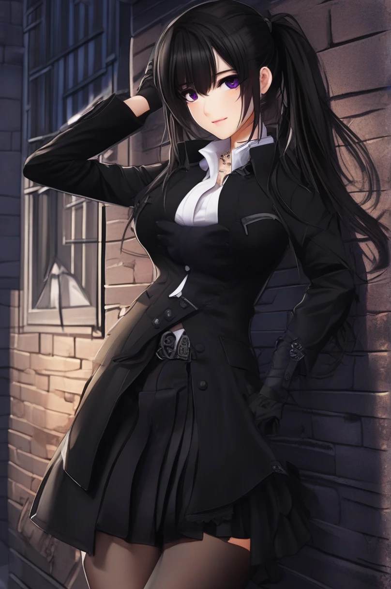 yoo_my,  1 girl, Alone,  long hair, purple eyes,  gloves,  ties, black  gloves,  ponytail,  skirt ,  jacket,  shirt,  cowboy shot , very  long hair, black  jacket, Open the clothes, black  shirt, Black shoes,  lean against the wall , Dark Alley Background, looking at viewer,  Put Your Hand on Your Lower Back , smile, (masterpiece),( top quality),( ultra detailed ),( Best Illustrations),( best shadows),( absurd),( Detailed Background ),( very beautiful ),