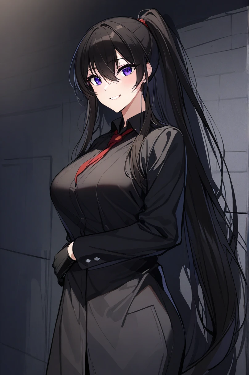 yoo_my, 1 girl, Alone, long hair, purple eyes, gloves, ties, black gloves, ponytail, skirt , jacket, shirt, cowboy shot , very long hair, black jacket, Open the clothes, black shirt, Black shoes, lean against the wall , Dark Alley Background, looking at viewer, Put Your Hand on Your Lower Back , smile, (masterpiece),( top quality),( ultra detailed ),( Best Illustrations),( best shadows),( absurd),( Detailed Background ),( very beautiful ),