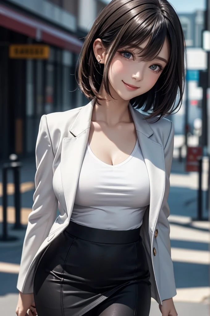 (masterpiece:1.2), high quality, high resolution, ultra detailed, 4K, 8K, beautiful, photorealistic, dynamic lighting, A woman standing in a fashion model stance, angle from a diagonal, cowboy shot, looking at viewer, (detailed beautiful face), (detailed beautiful eyes:1.2), black eyes, narrow eyes, straight bob hair, black hair, detailed hair, asymmetrical bangs, smile, blush, (large breasts:1.2), shiny skin, white suit jacket, v-neck t-shirt, black medium skirt, high heels, 