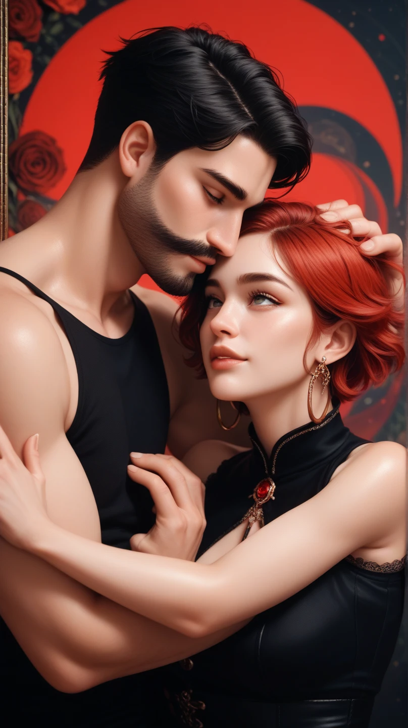 couple, male and female, full lenght, long pose, male black hair, male bristle, male very short haircut, female red hair, female bang, levitating, embrace, face full face male, face full face female, mystic background,  