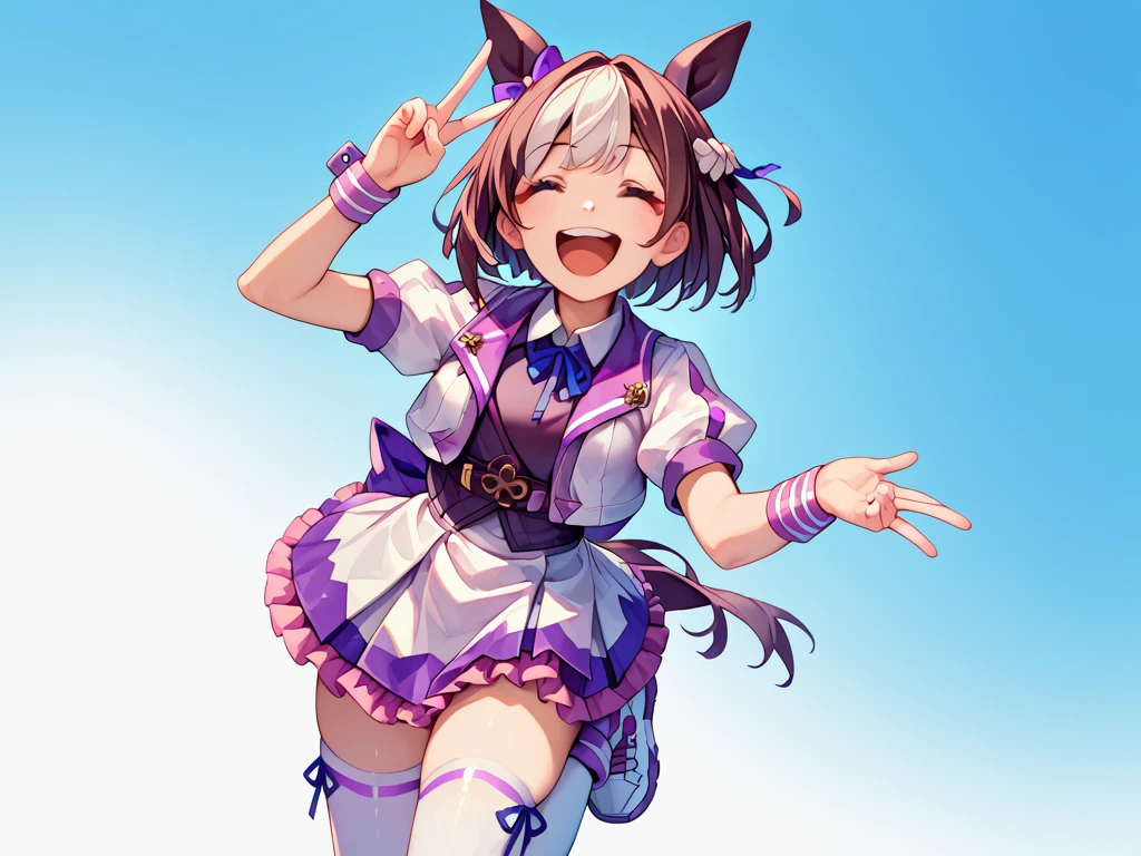 best quality, absurdres, masterpiece, 1人の女の子
special week \(Uma Musume\), 
smiling, making a V sign, ear bow, purple bow, puffy short sleeves, neck ribbon, blue ribbon, cropped jacket, white jacket, two-tone jacket, collared shirt, white shirt, purple vest, wristband, wrist cuffs, white skirt, pleated skirt, two-tone skirt, frilled skirt, frills,   zettai ryouiki, white thighhighs, white footwear, purple footwear, asymmetrical footwear, mismatched footwear, Durable sneakers, laughing, flushed, making a peace sign