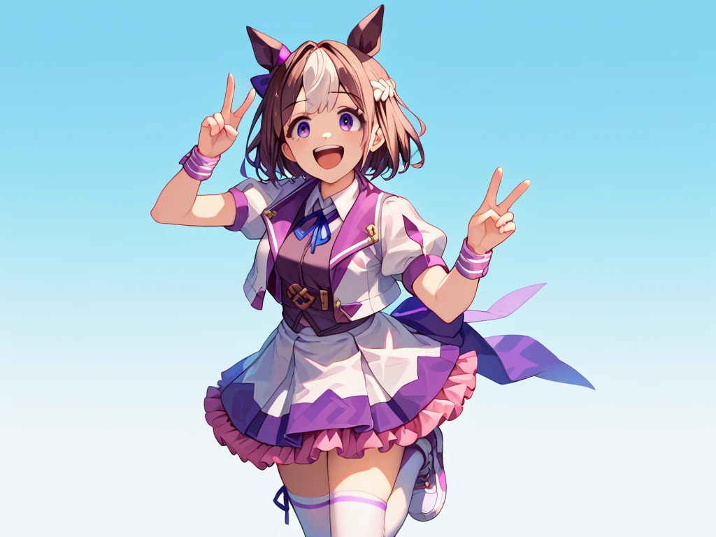 best quality, absurdres, masterpiece, 1人の女の子
special week \(Uma Musume\), 
smiling, making a V sign, ear bow, purple bow, puffy short sleeves, neck ribbon, blue ribbon, cropped jacket, white jacket, two-tone jacket, collared shirt, white shirt, purple vest, wristband, wrist cuffs, white skirt, pleated skirt, two-tone skirt, frilled skirt, frills,   zettai ryouiki, white thighhighs, white footwear, purple footwear, asymmetrical footwear, mismatched footwear, Durable sneakers, laughing, flushed, making a peace sign