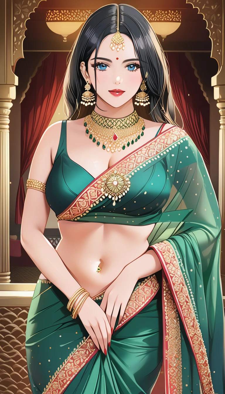 Renowned actress at the age of 28 , with intricate designs, detailed long big kundan jhumka earrings,red lipstick, black hair, medium round breasts, Deep cleavage ,face makeup, navel, eyeliner, eyeshadow, necklace,bangles, accessories , detailed blue eyes,oily skin, red lipstick,  ,necklace , looking at viewer, seductive face, seductive expression , happy face,big ass,body chain , jewellery ,  biting her lips , blush ,wet hair , detailed accessories,navel piercing,ear piercing ,  silk green saree,navel