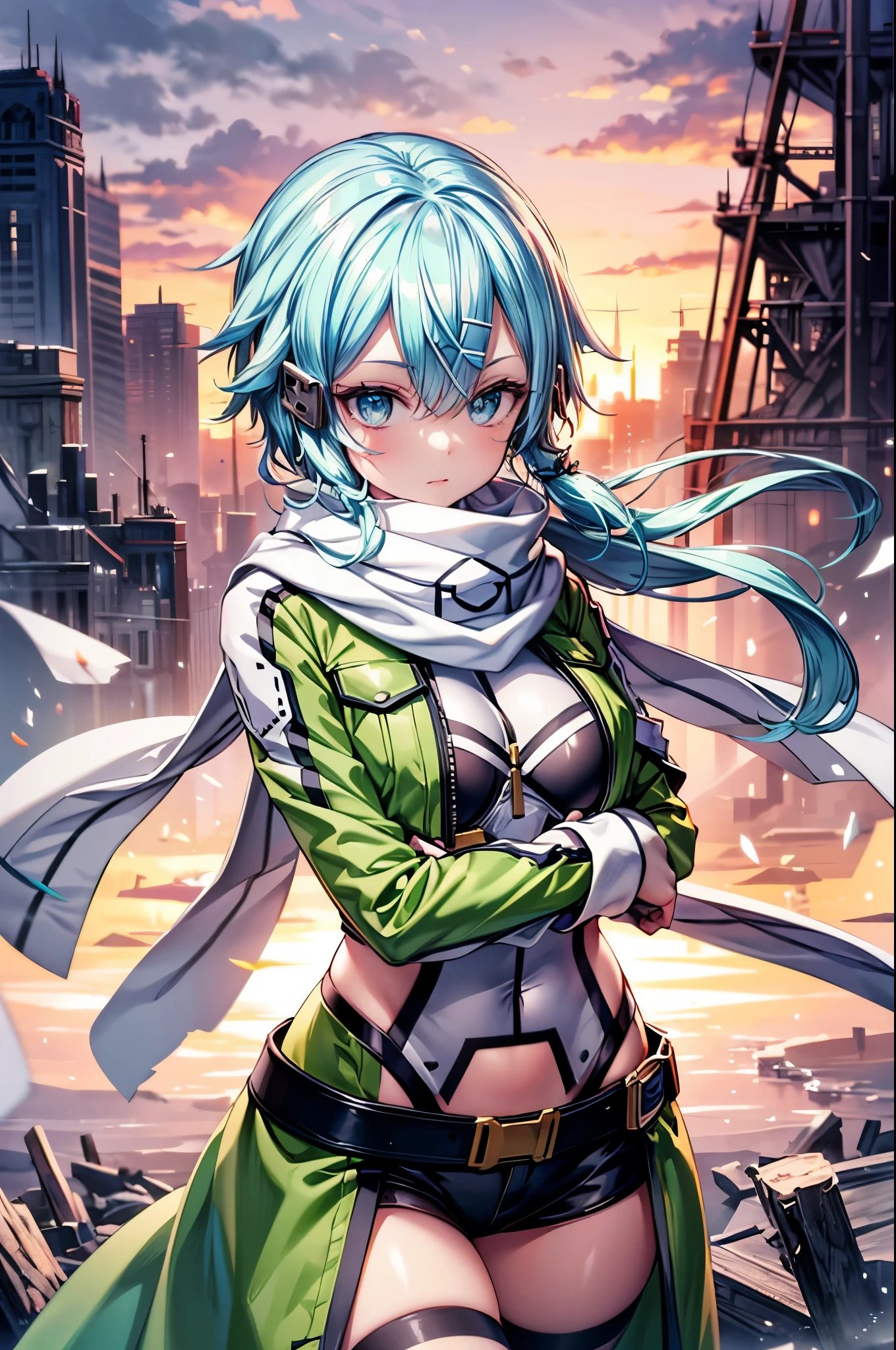 masterpiece, best quality, integrated scenery, integrated background, extremely delicate and beautiful, meticulous details, good composition, , cute face, perfect face, perfect hands, best quality, expressive eyes, perfect face, highres, sinon1, scarf, fingerless gloves, long sleeves, short shorts,groin, hair ornament, hairclip, green thighhighs, green jacket,covered_nipples, thigh strap, field, sunset_ruins_landscape_background, ruined structures, dynamic_posing, looking at the viewer,,(covered_navel:0.7), 1big_rifle,carry_big_rifle