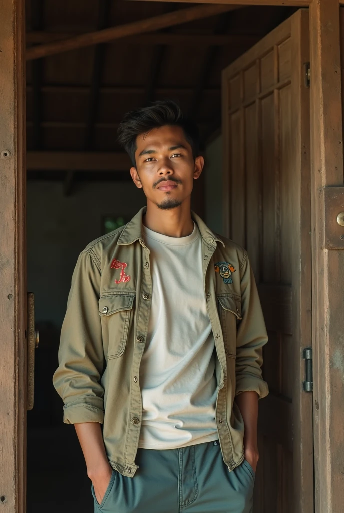 a 30-year-old Betawi Indonesian man wearing a hooded jacket with TAHTA BACCO written on his chest, holding a cigarette, sitting at a tobacco cutting place, 3d, realistic