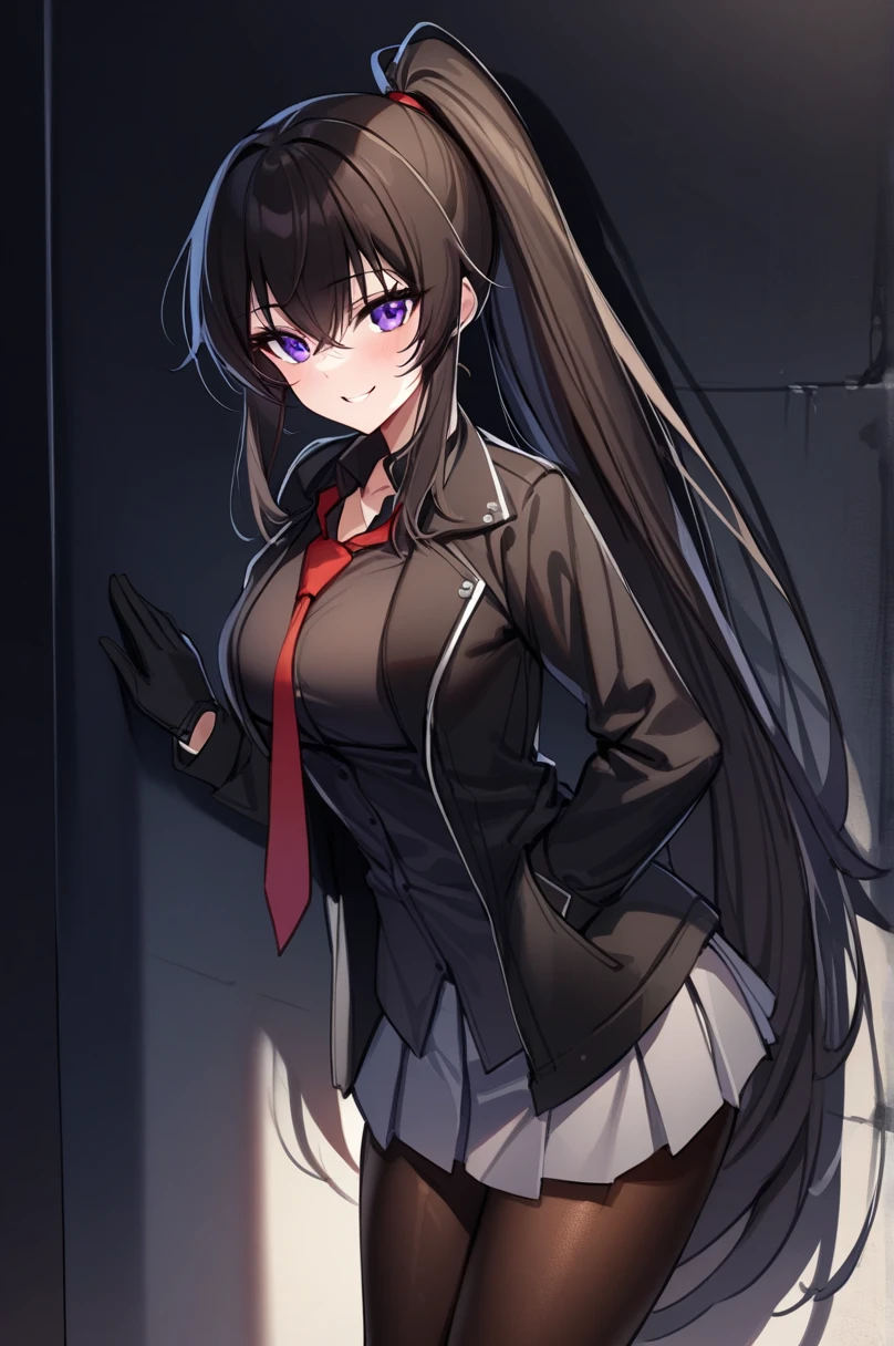 yoo_my, 1 girl, Alone, long hair, purple eyes, gloves, ties, black gloves, ponytail, pleated skirt , white fur and open coat, shirt, red neck tie, pantyhose, cowboy shot , very long hair, black jacket, Open the clothes, black shirt, Black shoes, lean against the wall , Dark Alley Background, looking at viewer, Put Your Hand on Your Lower Back , smile, (masterpiece),( top quality),( ultra detailed ),( Best Illustrations),( best shadows),( absurd),( Detailed Background ),( very beautiful ),