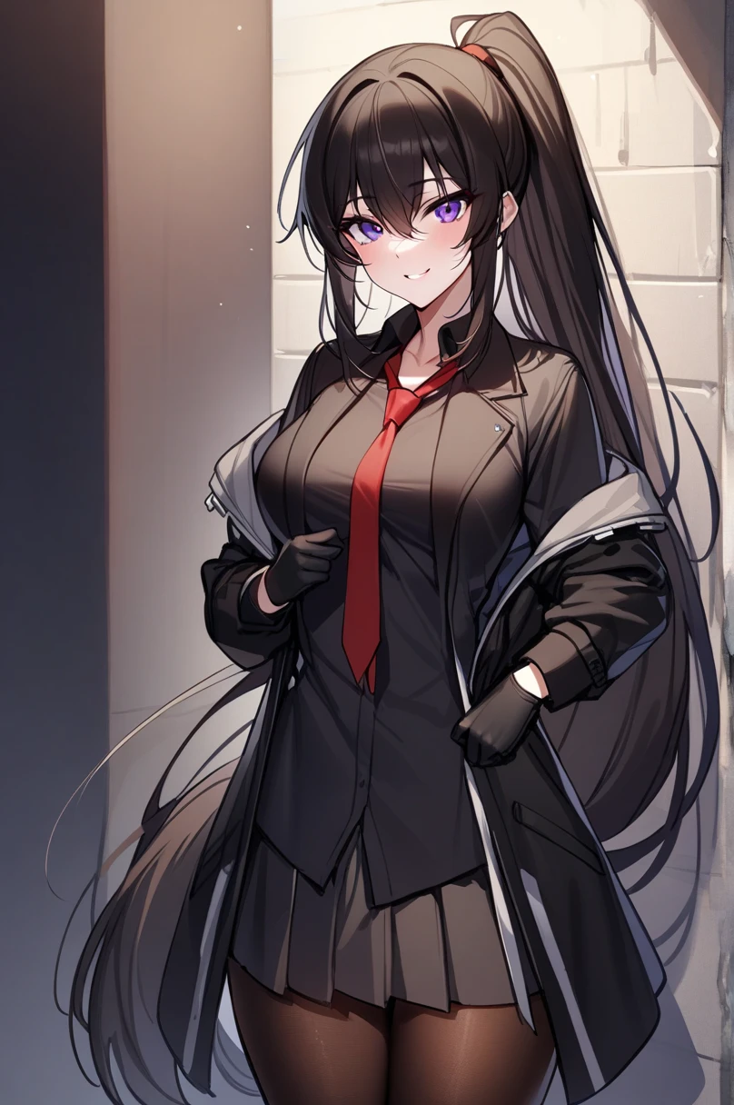 yoo_my, 1 girl, Alone, long hair, purple eyes, gloves, ties, black gloves, ponytail, pleated skirt , white fur and open coat, shirt, red neck tie, pantyhose, cowboy shot , very long hair, black jacket, Open the clothes, black shirt, Black shoes, lean against the wall , Dark Alley Background, looking at viewer, Put Your Hand on Your Lower Back , smile, (masterpiece),( top quality),( ultra detailed ),( Best Illustrations),( best shadows),( absurd),( Detailed Background ),( very beautiful ),