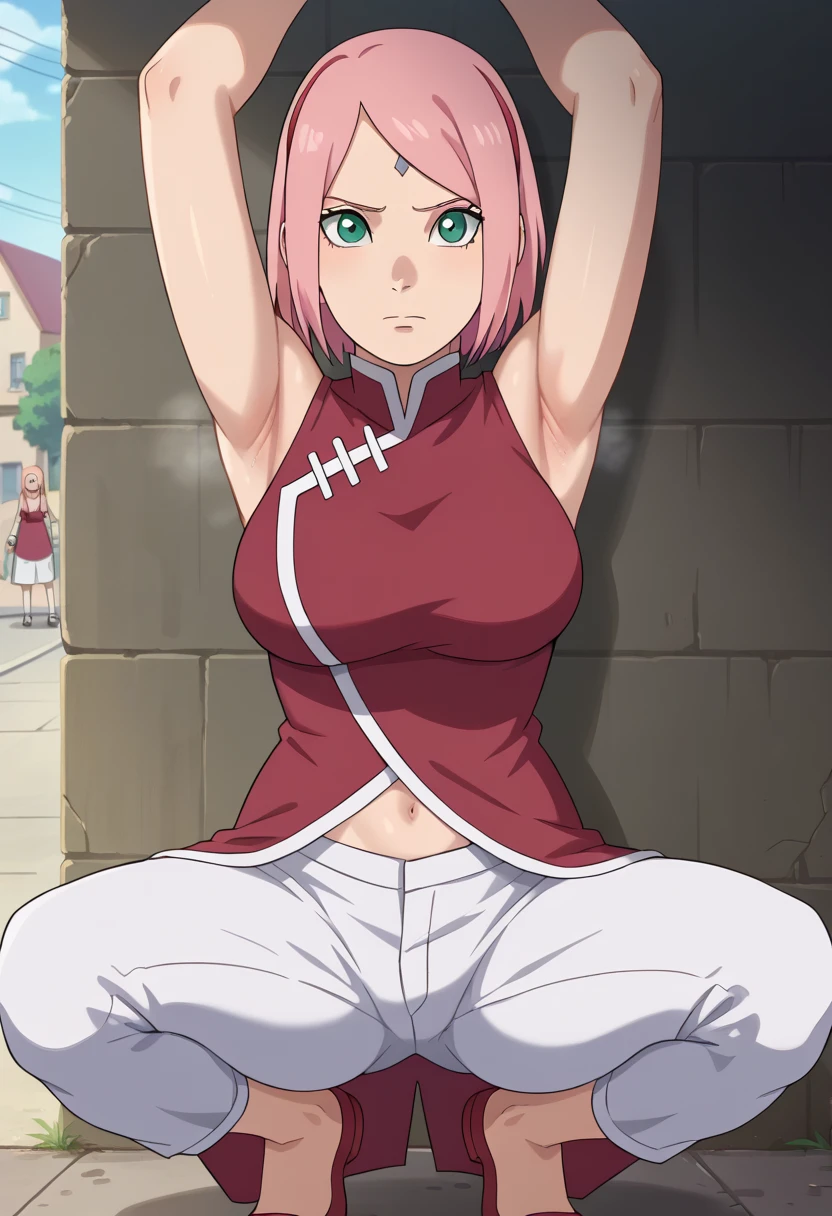 score_9, score_8_アップ, score_7_アップ, ソース_أنيمي, أنيمي screencap,,nsfw,haruno sakura,sakura,green eyes ,pink hair, short hair,, red sleeveless dress, navel, large breasts, white pants,In a dimly lit alley ,Armpit,Armpit wrinkles,Armpit smell,Armpit juice,Arms up,Stretch,pubic hair,under hair,squat down, 