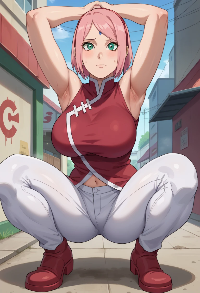 score_9, score_8_アップ, score_7_アップ, ソース_أنيمي, أنيمي screencap,,nsfw,haruno sakura,sakura,green eyes ,pink hair, short hair,, red sleeveless dress, navel, large breasts, white pants,In a dimly lit alley ,Armpit,Armpit wrinkles,Armpit smell,Armpit juice,Arms up,Stretch,pubic hair,under hair,squat down, 