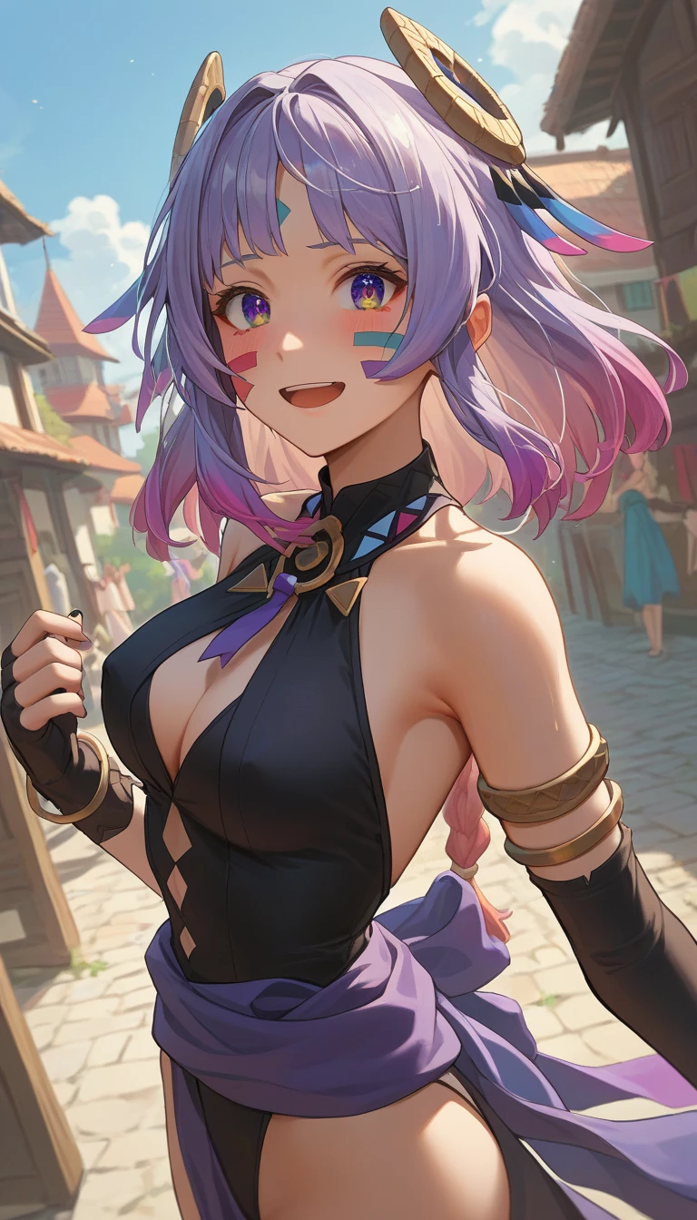 score_9, score_8_up, score_7_up,they read, 1 girl , Black Gloves , open her mouth , purple tie, partially fingerless gloves, viewer, black leotard, （purple lunghy, purple waist cloth :1.5）, gradient hair ,, armlet, bracelet on nipple, jewelry, medium chest , split bangs , dynamic pose :1.3), smile,, bare shoulder , twin blades, black shirt , hair intakes, elbow gloves , single fingerless gloves, , sleeveless, Face paint , シングル elbow gloves , black nail , ,(cute mini dragon :1.５) ,(((( angle from back,))) , Outdoor, Around town, noon, Colorful houses, Rivers, blush, embarrassing