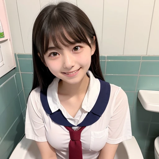 (1 girl:1.0),,(small brests:1.2),(skinny:1.2),high school student,beautiful girl,(short ponytails:1.2),akb48,nogizaka46, beautiful girl,school girl,sitting chair,(cowboyshot:1.0),fullbody, red ribbon, short sleeve white blouse, navy pleated skirt,front face,(front view:1.0),looking at viewer,office,(full-face blush:1.5),(smile:1.2),(presenting panties:1.5),blue panties,(facial:1.7),(cum on face:1.7),(cum on panties:1.8),