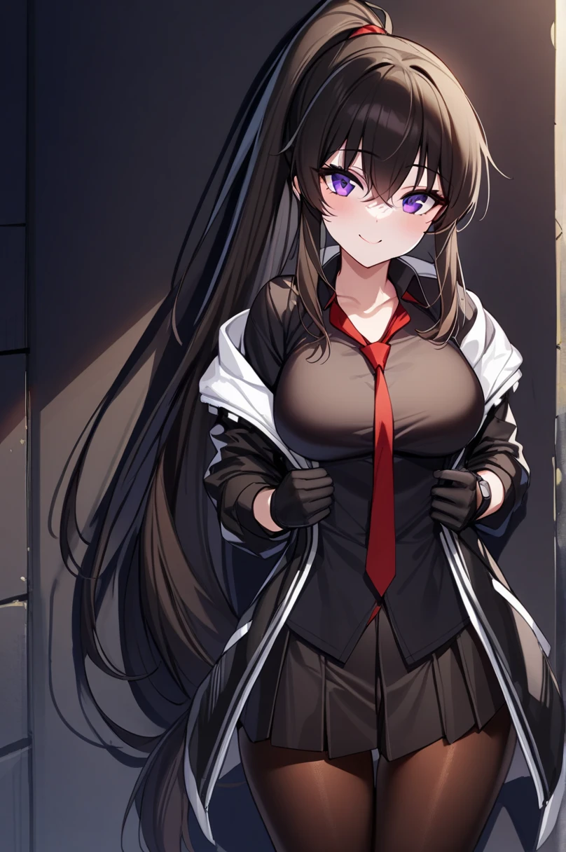 yoo_my, 1 girl, Alone, long hair, purple eyes, gloves, ties, black gloves, ponytail, pleated skirt , white fur and open coat, shirt, red neck tie, pantyhose, lose shape, cowboy shot , very long hair, black jacket, Open the clothes, black shirt, Black shoes, lean against the wall , Dark Alley Background, looking at viewer, Put Your Hand on Your Lower Back , smile, (masterpiece),( top quality),( ultra detailed ),( Best Illustrations),( best shadows),( absurd),( Detailed Background ),( very beautiful ),