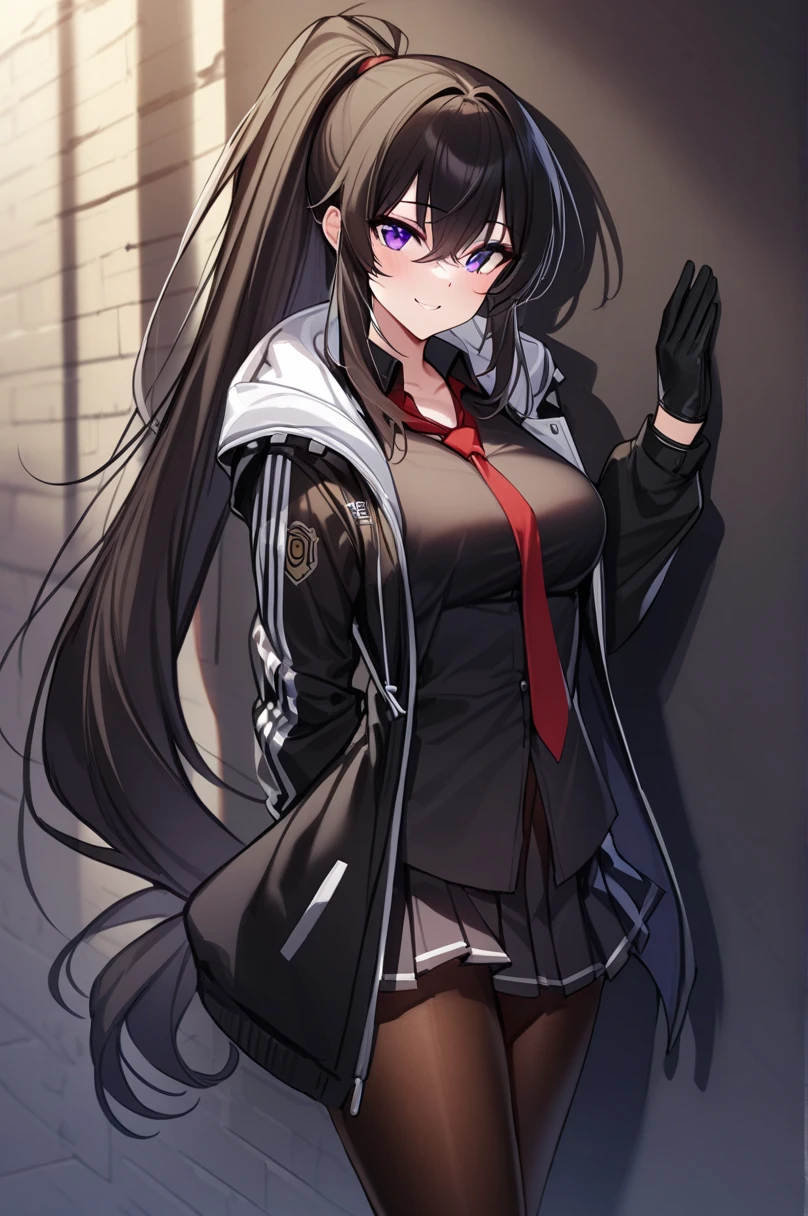 yoo_my, 1 girl, Alone, long hair, purple eyes, gloves, ties, black gloves, ponytail, pleated skirt , white fur and open coat, shirt, red neck tie, pantyhose, lose shape, cowboy shot , very long hair, black jacket, Open the clothes, black shirt, Black shoes, lean against the wall , Dark Alley Background, looking at viewer, Put Your Hand on Your Lower Back , smile, (masterpiece),( top quality),( ultra detailed ),( Best Illustrations),( best shadows),( absurd),( Detailed Background ),( very beautiful ),