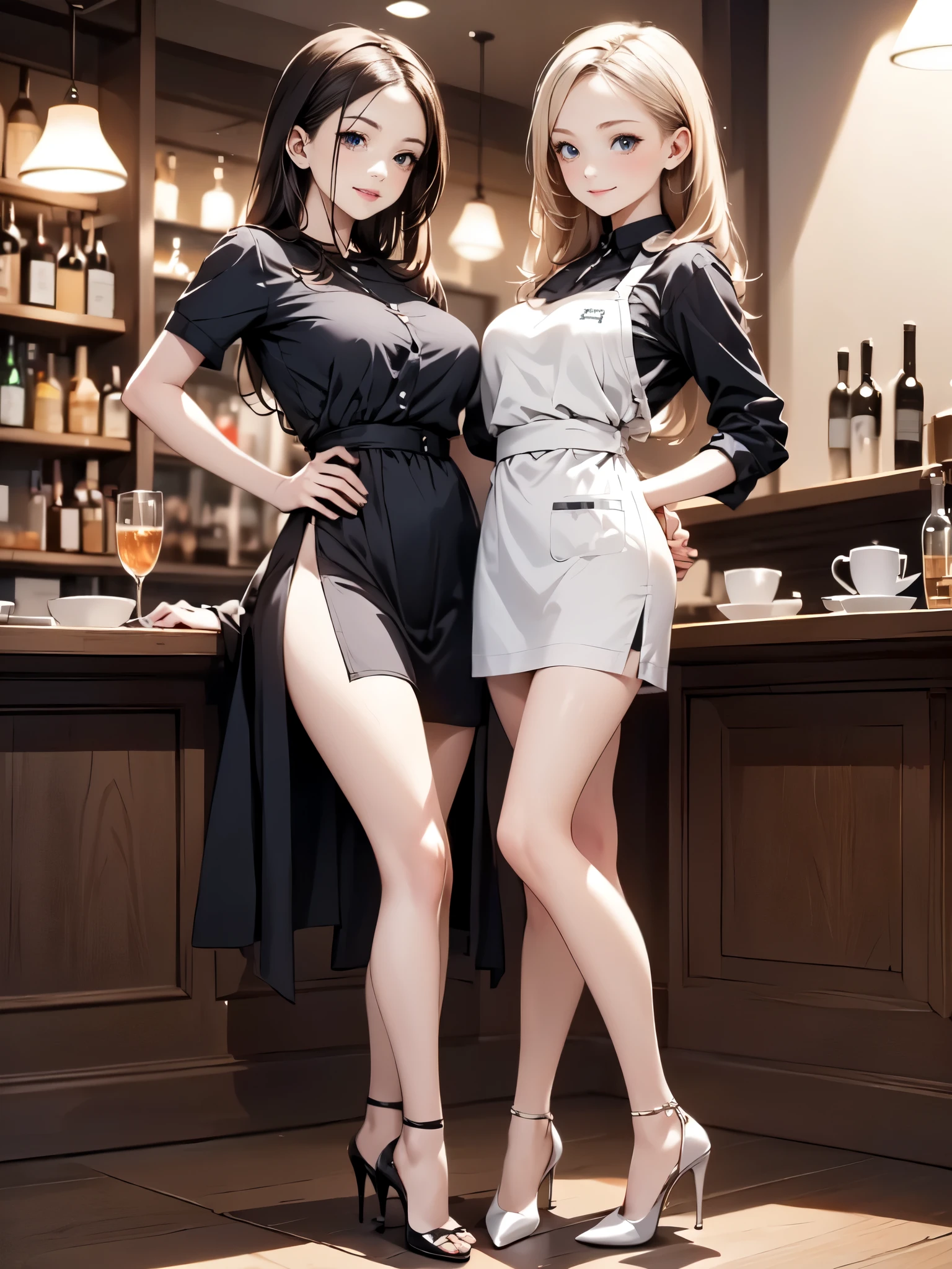 (masterpiece:1.3),(best quality, highest quality),((Full Body Shot,Including face)),girls,4K,masterpiece,((Focus on the face)),((Symmetrical facial features)),Beautiful woman,(slender),((High heels)),Detailed depiction of the face, Cafe ,bar,Maid clothes,skirt,Age 25,(smirk),kawaii, (illustration:1.3)