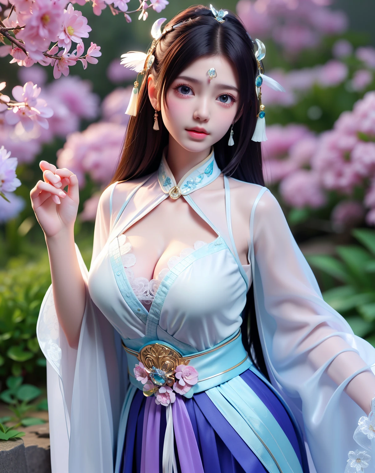nsfw, sexy stylish Thai model, only 1 female, ((doll-like appearance)), short lilac stylish hair, ((shiny Victorian-Style boots)), (big smile), ultra detailed eyes, vivid eye makeup, lipgloss, long lashes, defined eyebrows, ((sexy Paradise Kiss cosplay)), bell-shaped skirt, petticoats, high neckline, puffed sleeves, ((ultra detailed lace)), ((ultra detailed embroidery)), intricate details, Paradise Kiss accessoires and matching headpiece, choker, ((large sparkling Paradise Kiss jewelry)), cinematic light, detailed large park background with trees