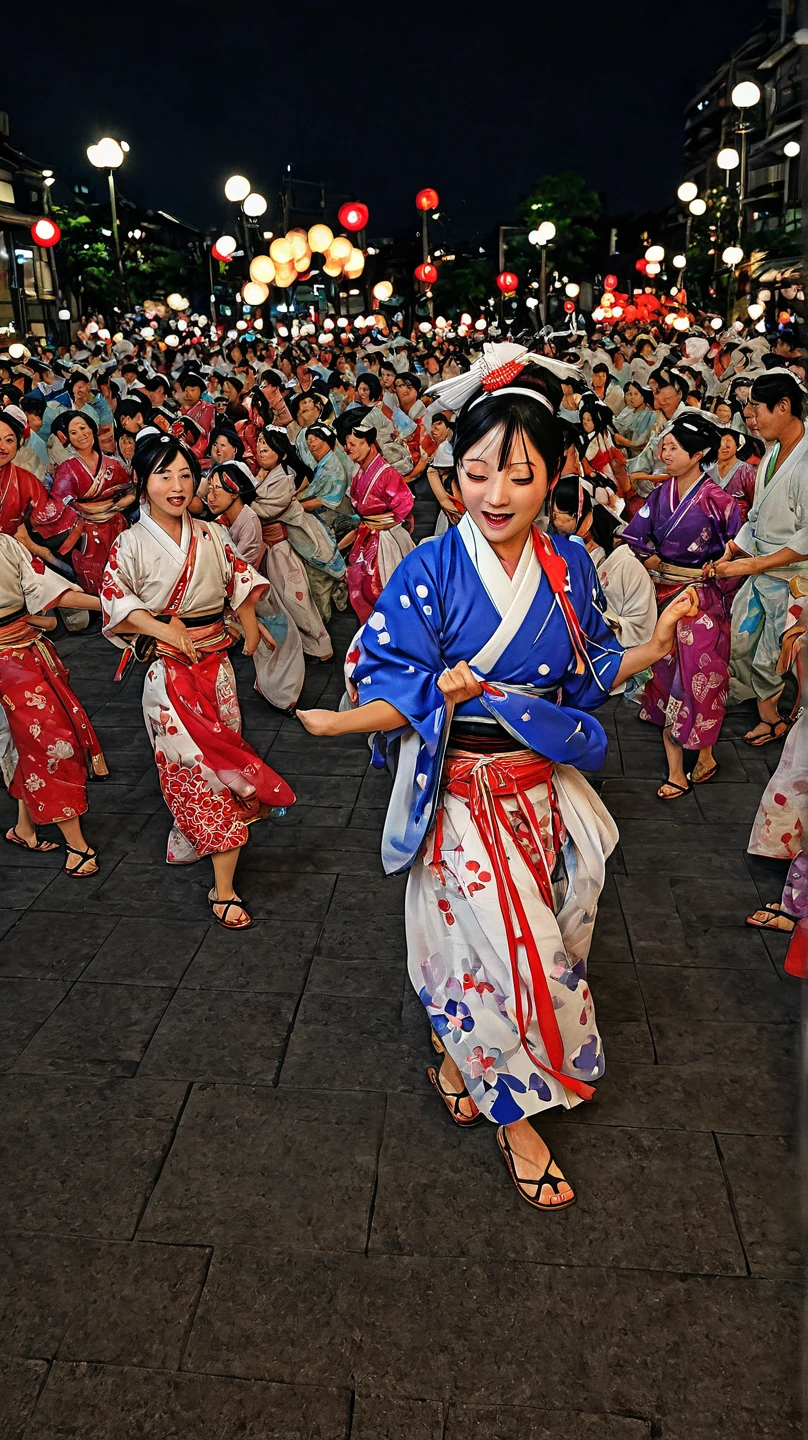 Realistic image, 3D, people from the past dancing Bon Odori. Night. Japan