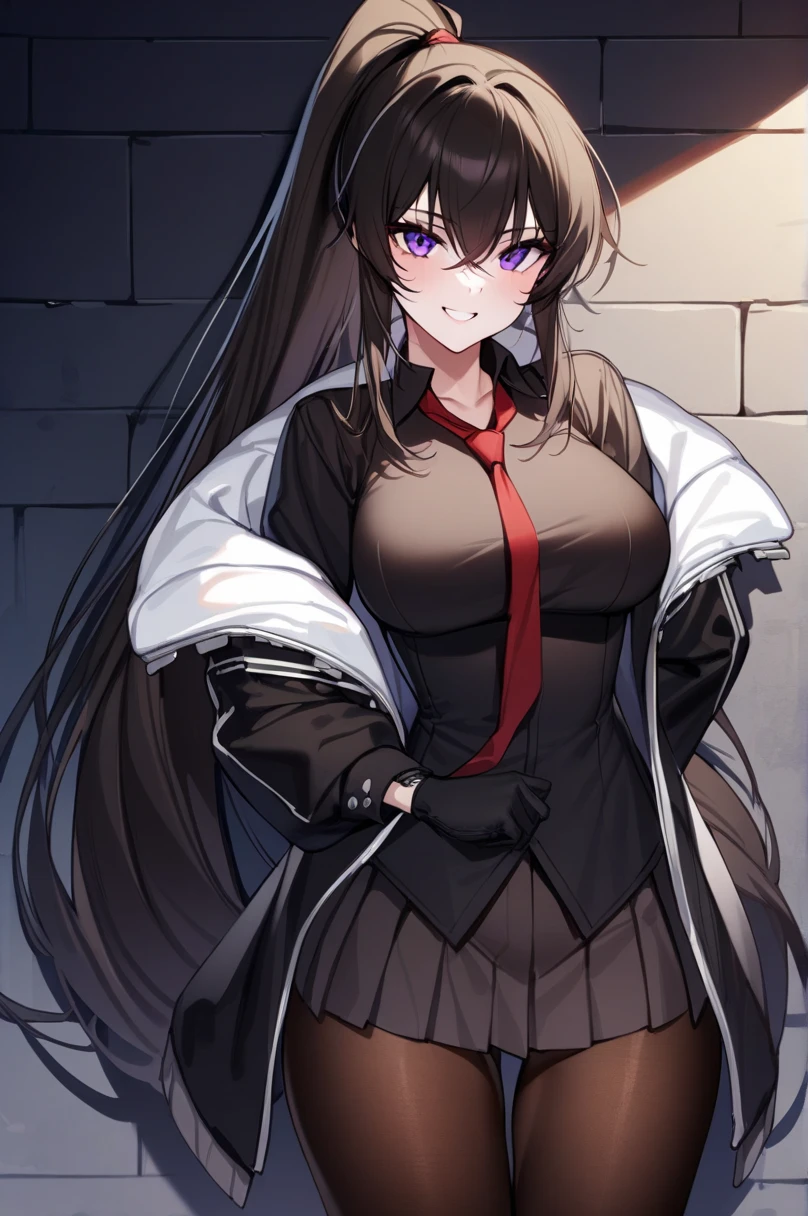 yoo_my, 1 girl, Alone, long hair, purple eyes, adult, adult face, fearless face, gloves, black gloves, ponytail, pleated skirt , white fur and open coat, shirt, red neck tie, pantyhose, lose shape, cowboy shot , very long hair, black jacket, Open the clothes, black shirt, Black shoes, lean against the wall , Dark Alley Background, looking at viewer, Put Your Hand on Your Lower Back , smile, (masterpiece),( top quality),( ultra detailed ),( Best Illustrations),( best shadows),( absurd),( Detailed Background ),( very beautiful ),