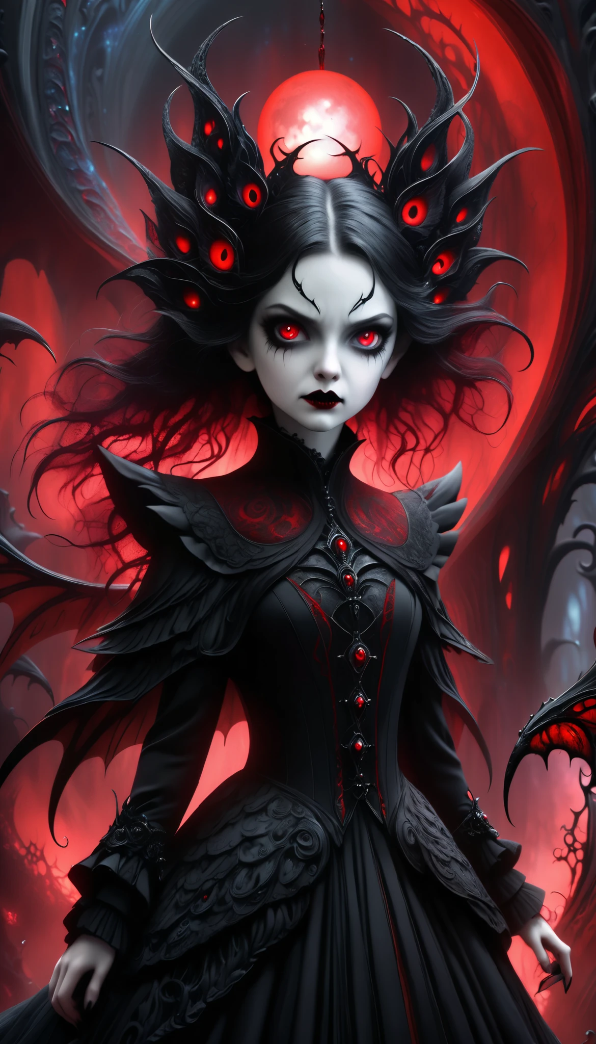 (best quality,4k,8k,highres,masterpiece:1.2),ultra-detailed,(realistic,photorealistic,photo-realistic:1.37),sinister female demon from the depths of the universe with terrifying face,elegant appearance,fierce expression,pale skin and dark shadows,sharp pointed teeth,(extra-long,extremely detailed) snake eyes all over her body,dark flowing hair,long wavy black hair,glowing red eyes,sharp claws,dark aura,ominous atmosphere,demonic presence,smoke and fog,cosmic background with stars and galaxies,celestial scenery,mystical energy,ethereal glow,otherworldly beauty,nebula dust and scattered planets,lunar eclipses and shooting stars,galactic dust and lighting,cursed and forbidden beauty,serpent-like tongue and scales,glowing dark wings with intricate patterns,black feathered wings with metallic sheen,silhouette of jagged mountains,enchanted glowing forest with twisted trees,phosphorescent flowers and plants,bloody crimson moon,fractured dimensions and portals,crackling electricity and energy sparks,hauntingly beautiful,deceptive and captivating,female manipulation and supernatural power,mysterious and alluring,powerful and untamed,fearful and respected,gothic and surreal art style,vivid contrasting colors,black and red color palette,dramatic lighting with deep shadows,juxtaposition of light and darkness. nipples