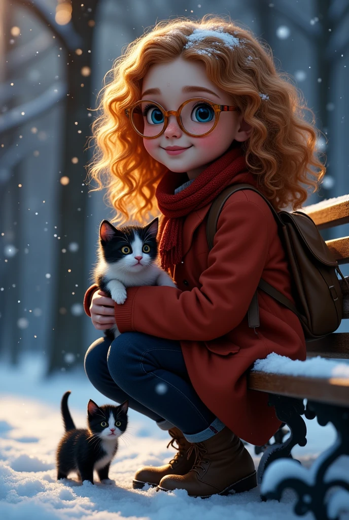 (UHD, best quality, highest icon), photo realistic:1.5, 1woman, Window , Snow Scene\outdoor ultra-realistic, photorealistic, dramatic scene, shadow, global-illumination, solo, UHD, best quality, highest icon), photo realistic:1.5, 1woman, Hyper realistic British girl with curly long light orange peach hair, big blue doe eyes, cute button nose and has a cute square face with a sharp jawline and pale skin color with freckles and thin eyebrows, wearing a transparent orange glasses . She is , cute and beautiful, skinny weights 21kg and is 5.7 feet tall, wearing a red old sweeter, wearing a Reddish scarf over her hair, She carries an old tote bag on her shoulder, snowy night at the park, Snow is falling steadily, she is squatting, holding a black and white kitten at the side of a bench, a light dusting of snow on the kitten, the kitten is looking at her, (she is showing a gentle smile), professional light