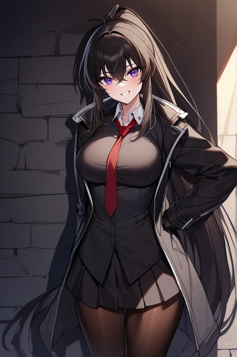 yoo_my, 1 girl, Alone, long hair, purple eyes, adult, adult face, fearless face, gloves, black gloves, ponytail, pleated skirt , white collar and black open coat, shirt, red neck tie, pantyhose, lose shape, cowboy shot , very long hair, black jacket, Open the clothes, black shirt, Black shoes, lean against the wall , Dark Alley Background, looking at viewer, Put Your Hand on Your Lower Back , smile, (masterpiece),( top quality),( ultra detailed ),( Best Illustrations),( best shadows),( absurd),( Detailed Background ),( very beautiful ),


