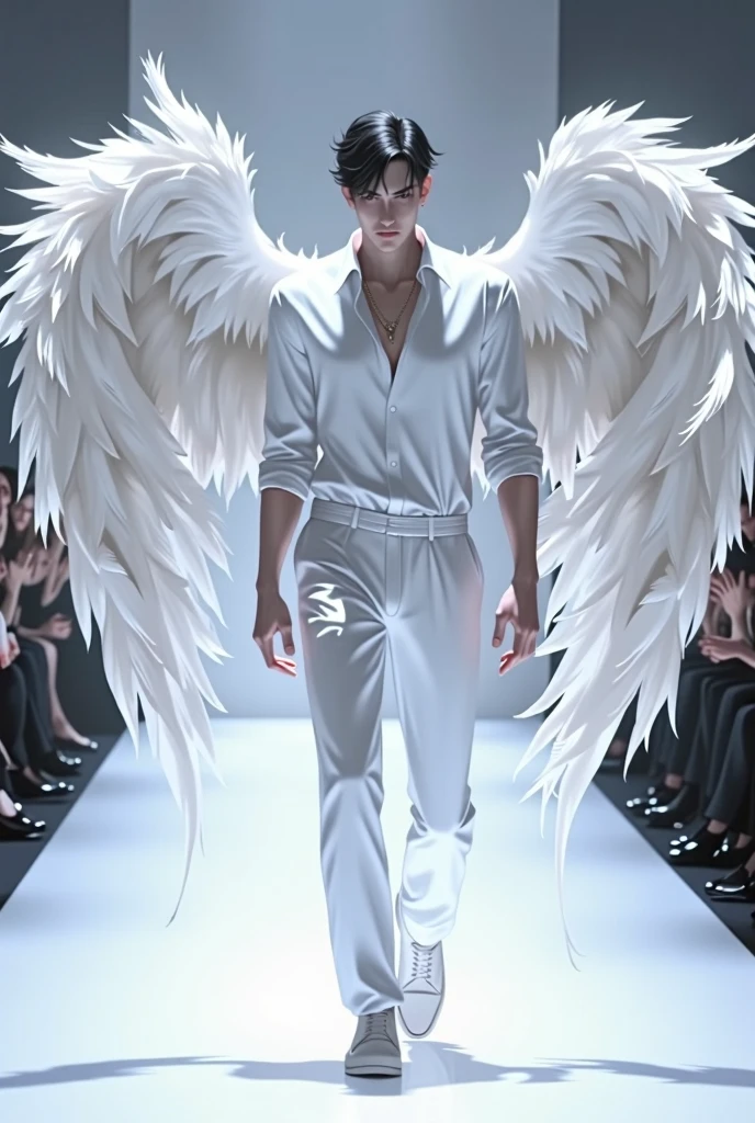 3D ANIMALS，A Victoria's Secret male model is on the catwalk，white shirt and pants，The back has very beautiful white wings ，Gorgeous wings，Very gorgeous