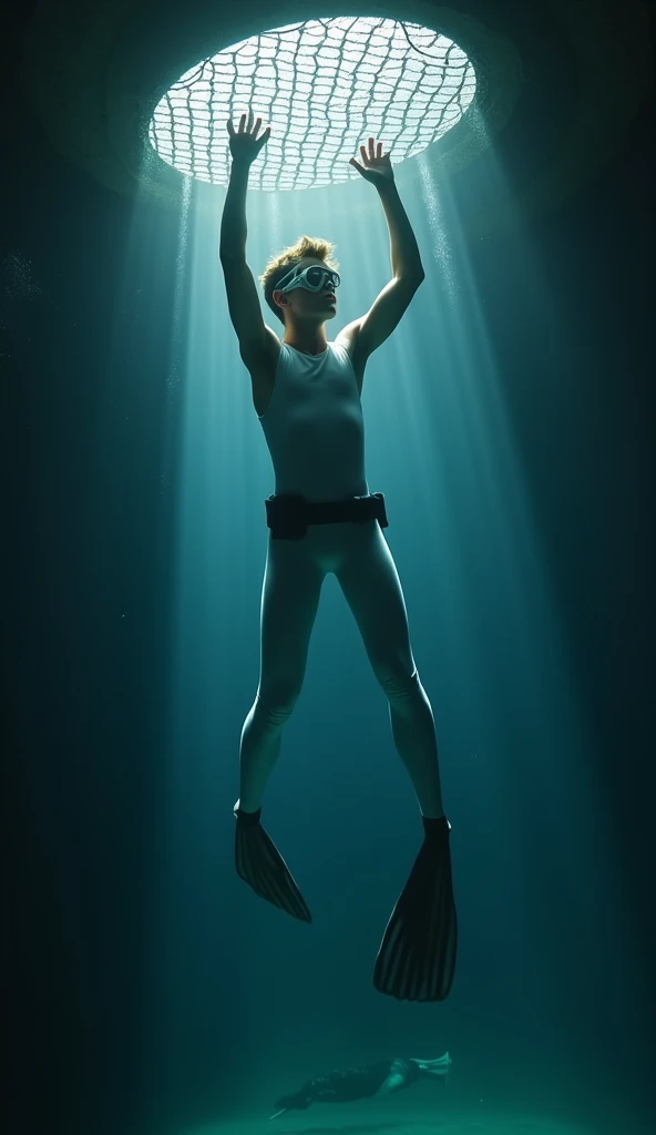 1 man diving in the oceang wearing small shorts, barefoot young man, FULLBODY The image is a masterful composition of color, shape, and form, creating a sense of harmony and balance ultrdetailed, intincate detailed image, realistic, combine vivid color and soft colors to generate realisim sense, combine lights and shadows to generate deep sense, vintage illustration, in style of jc leyendecker, a beautiful young white man, divine dimensions, slender athletic and defined muscles, sexy gaze, detailed hands, detailed feet, smirking, smooth skin, beautiful masculine face, black hair, blue eyes, straight nose, thin lips, square chin, naked, he is swimming into the ocean fish, dolphins coral ., The Alphonse Mucha natural lighting, rule of thirds composition, combine vivid colors, soft colors, lights and shodows to get realistic sence. 2 point distance composition,