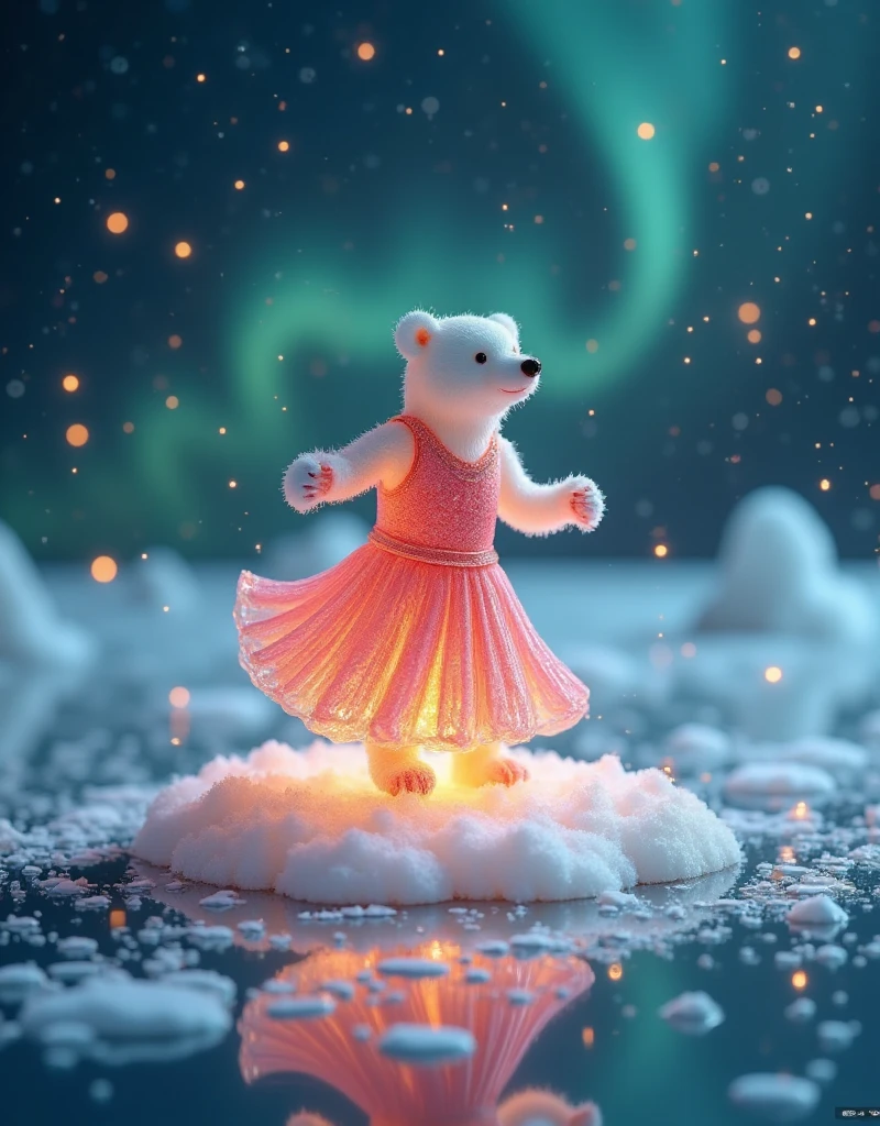 A pastel-colored illustration of a  Polar bear humanoid  dressed in Elegant, Fashion, gracefully  dancing on Floating ice under the  sky.  白熊穿着量身定制的服装采用 flickering slightly by a calm 和粉色调 , ， subtle details can gently reflect light  .  ice floe  , Soft blue , reflective water , and the aurora swirls in the sky above, casting a Magical light.   The polar bear's movements are smooth and expressive  ,   embodies a sense of charm and refinement  .   scene is both serene and charming  , with Delicate brushstrokes capturing the beauty of the Arctic setting and the whimsical dance, (Soft tones,  Polar bear humanoid , Fashion, Elegant,  dancing, Floating ice, , aurora,  flickering slightly by a calm , Pink, reflective water , Sparkling ice,  peaceful atmosphere , Magical light, Smooth movements, enchanting, Delicate brushstrokes)