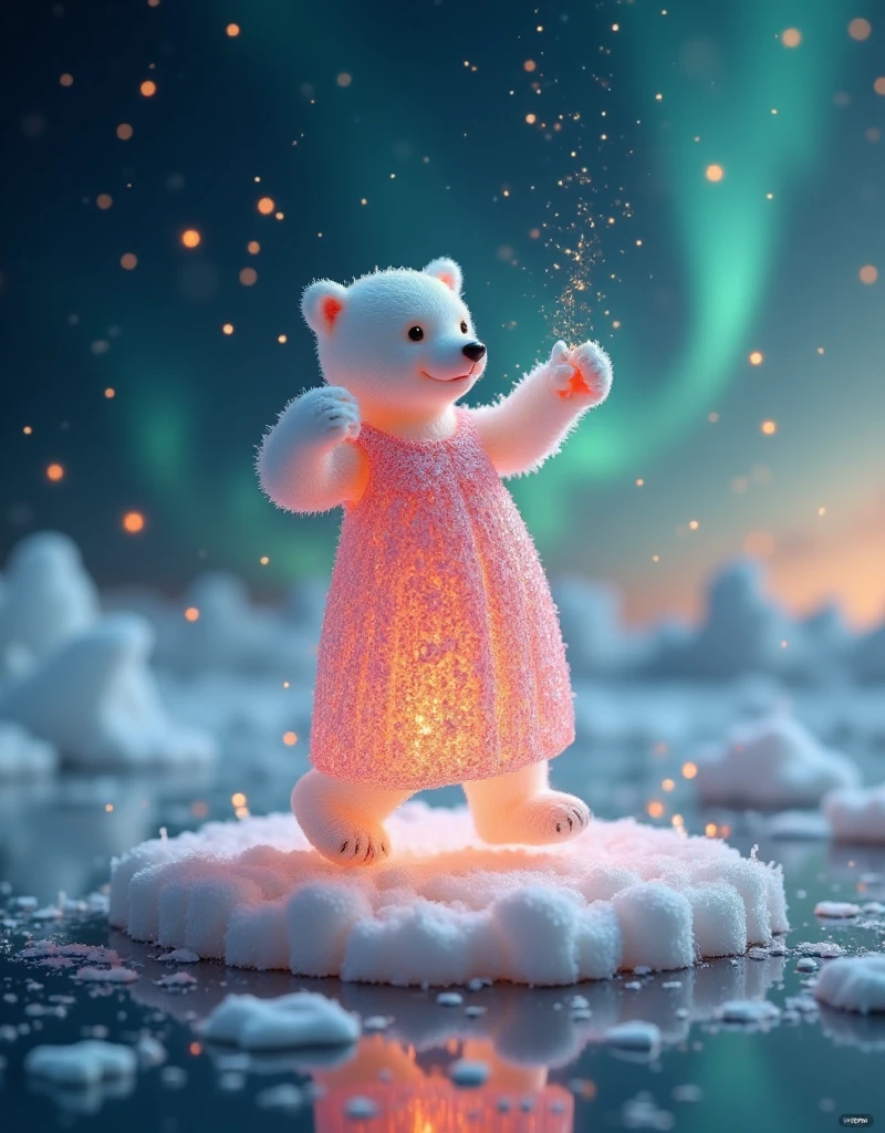 A pastel-colored illustration of a  Polar bear humanoid  dressed in Elegant, Fashion, gracefully  dancing on Floating ice under the  sky.  白熊穿着量身定制的服装采用 flickering slightly by a calm 和粉色调 , ， subtle details can gently reflect light  .  ice floe  , Soft blue , reflective water , and the aurora swirls in the sky above, casting a Magical light.   The polar bear's movements are smooth and expressive  ,   embodies a sense of charm and refinement  .   scene is both serene and charming  , with Delicate brushstrokes capturing the beauty of the Arctic setting and the whimsical dance, (Soft tones,  Polar bear humanoid , Fashion, Elegant,  dancing, Floating ice, , aurora,  flickering slightly by a calm , Pink, reflective water , Sparkling ice,  peaceful atmosphere , Magical light, Smooth movements, enchanting, Delicate brushstrokes)